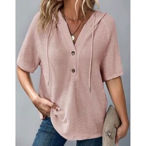 Dokotoo Womens Pink Waffle Knit Short Sleeve Henley Hoodie Top Size M‎